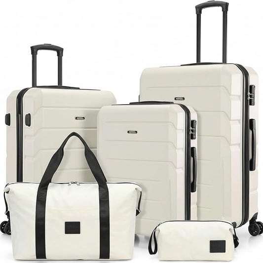 Hoteel Expandable 5 Piece Luggage Set (4-YEARS WARRANTY) ABS+PC Hardshell Carry on Suitcase Silent Universal Wheels & TSA Lock for, Unisex Rolling Suit Case, for Travel, Family, Beige(20/24/28/DB/TB)