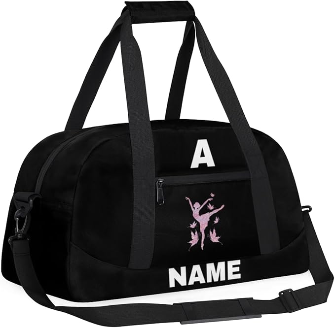 Personalize-Kids-Sports-Duffel-Bags With Custom Name Text Carry-On Overnight Travel Gym Lightweight Dance Pattern Sports Bags For Girls Boys Kids,Black