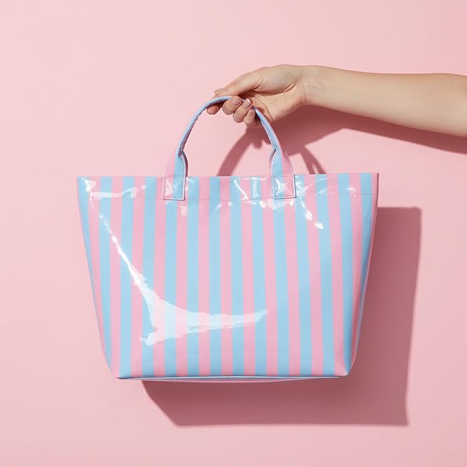JQWYGB Striped PVC Tote Bag Large Glossy Striped Handbags Waterproof Top Handle Bag Plastic Tote Handbag Beach Travel Work