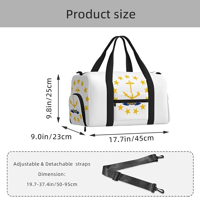 Rhode Island State Flag Print Gym Bag with Shoe Compartment for Women Men, 17.7in Sports Duffle Weekender Tote, Overnight Travel Duffel Bag Carry On