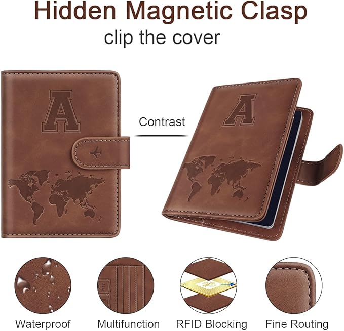 Passport Holder Wallet Cover Personalized Letter A-Z Travel Wallet RFID Blocking Passport Cover Wallet Case for Travel Passport Book Holders for Women and Men, Brown-A