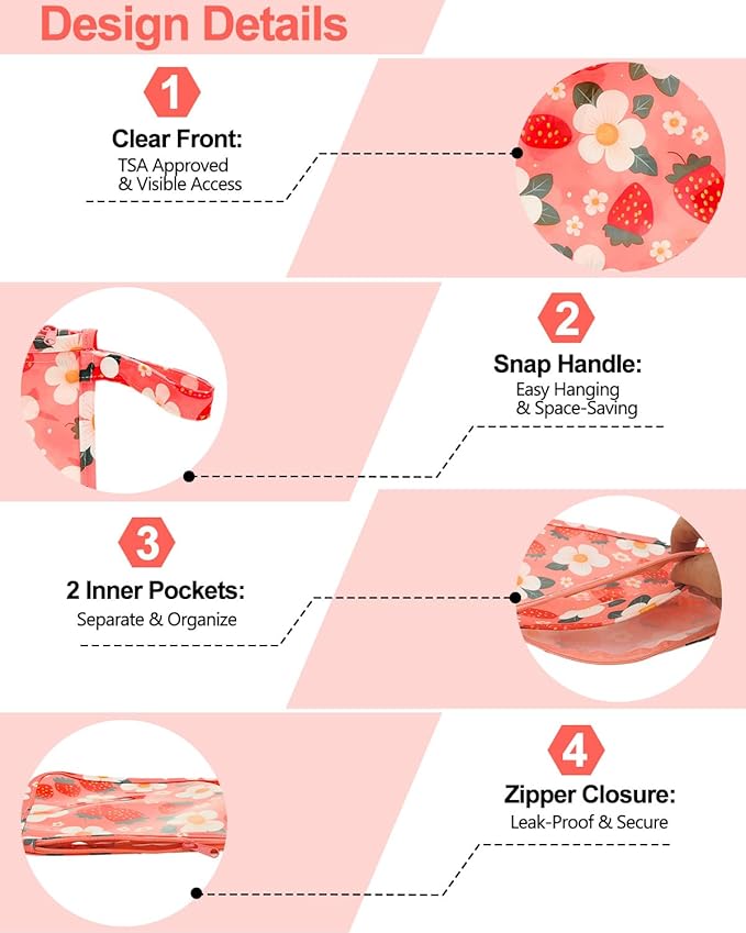 babygoal Clear Travel Organizer Bags 3 Pack, TSA Approved Mess-Proof Pouches with Snap Handle, Water-Resistant Toiletry Essentials for Baby & Mom (Strawberry)