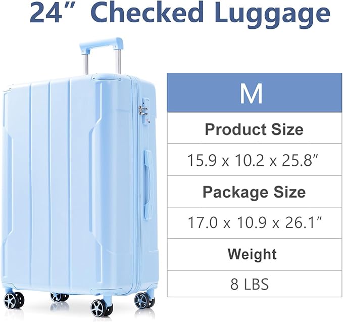 24 Inch Hardshell Luggage Lightweight Checked Luggage, Sky Blue Hardside ABS Suitcases with Double Wheels and TSA Lock, Medium Expandable 24-inch Carry on Luggages for Travel, Men, Women