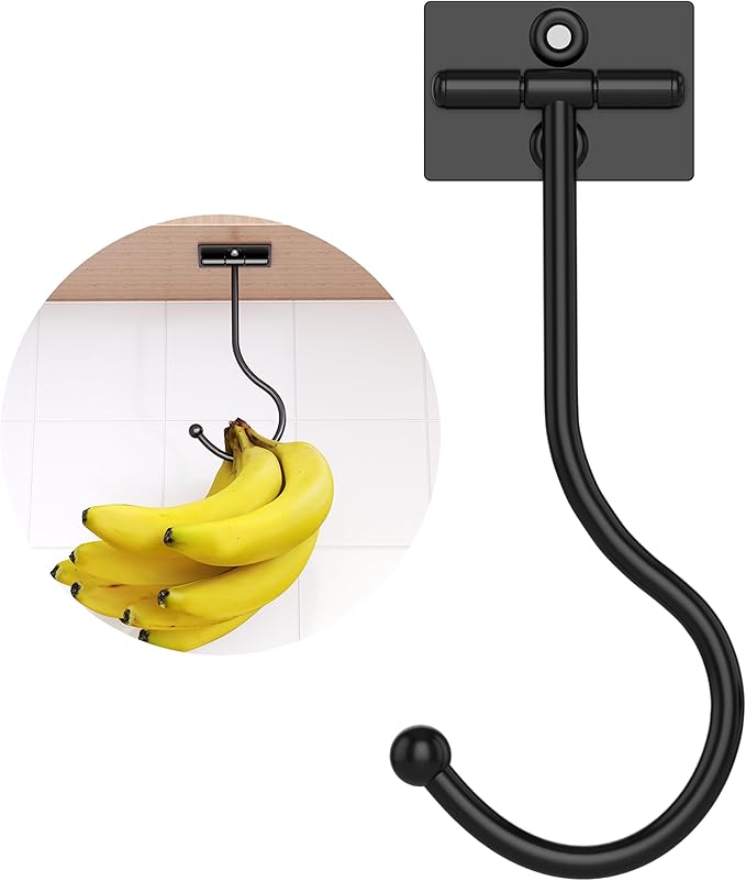 Under Cabinet Banana Hook Foldable - Adhesive Banana Holder, Foldable with Magnets When Not in Use, Under Counter Banana Hook, Stainless, Hold 13 LB, Black