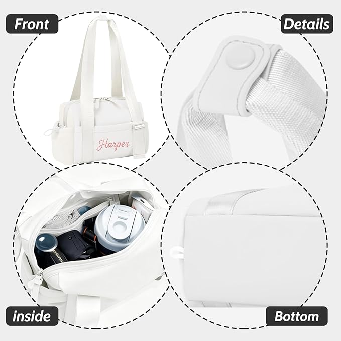 Personalized Mini Gym Bag for Women, Custom Embroidered Name Yoga Tote, Waterproof PU Fitness Duffle with Wet Compartment (white duffle bag)