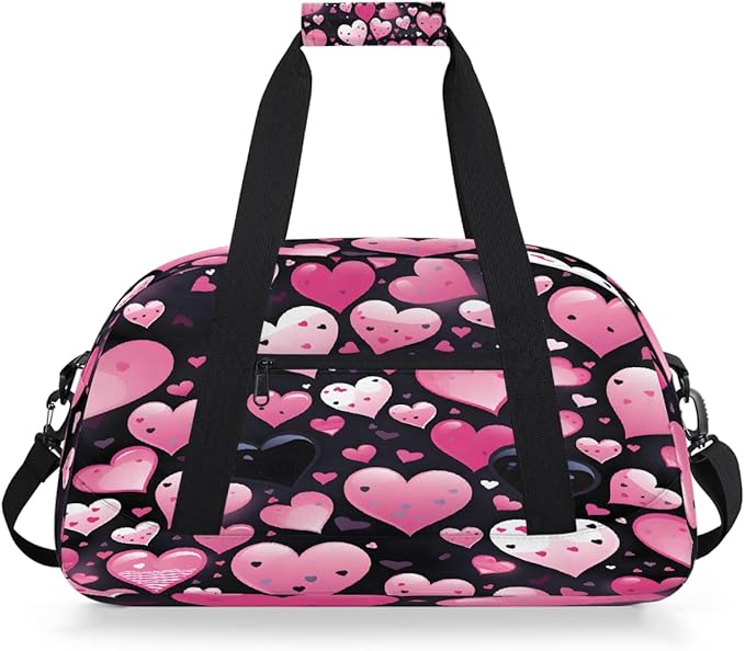 Pink Black Heart Pattern Sports Duffel Bags, Water-Resistant Gym Duffle Bag for Men Women, Lightweight Weekender Overnight Bag for Fitness, Workout, Travel