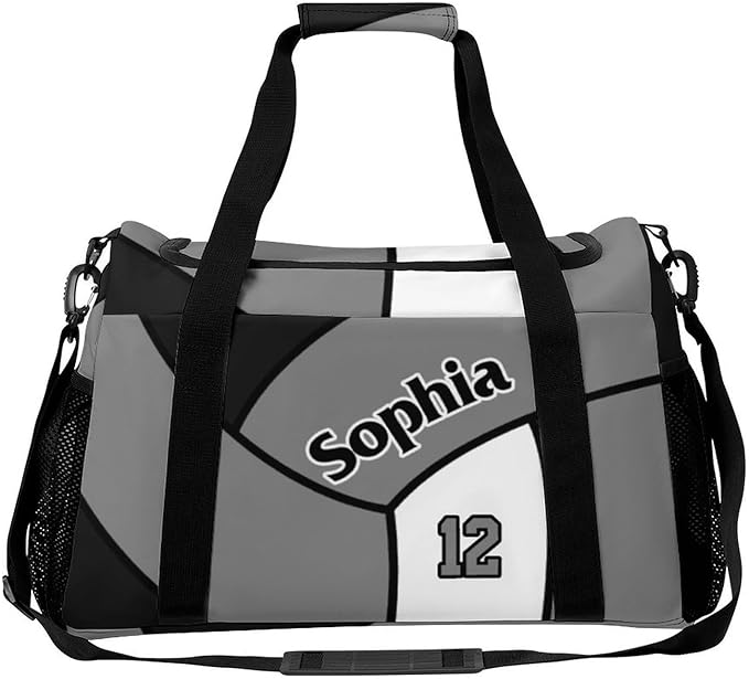 Custom Volleyball Black Grey Duffel Bag with Name Personalized Travel Bags Sport Gym Bag Carry On Weekender Bags for Men Women