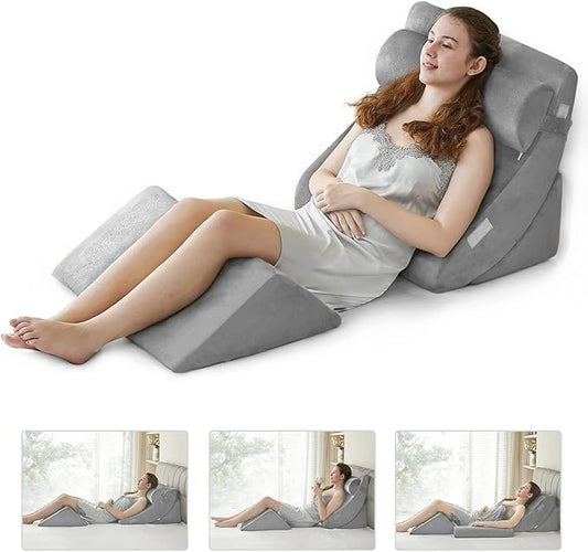 4pcs Orthopedic Bed Wedge Pillow Set Post Surgery Relaxing Back Adjustable Head Support Cushion Triangle Memory Foam Pillow for Acid Reflux Sleeping Reading Leg Elevation Snoring (Light Grey, 4PCS)