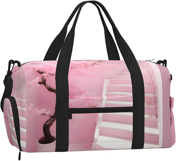 Cherry blossom white staircase Print Gym Bag with Shoe Compartment for Women Men, 17.7in Sports Duffle Weekender Tote, Overnight Travel Duffel Bag Carry On