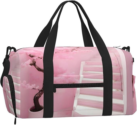 Cherry blossom white staircase Print Gym Bag with Shoe Compartment for Women Men, 17.7in Sports Duffle Weekender Tote, Overnight Travel Duffel Bag Carry On