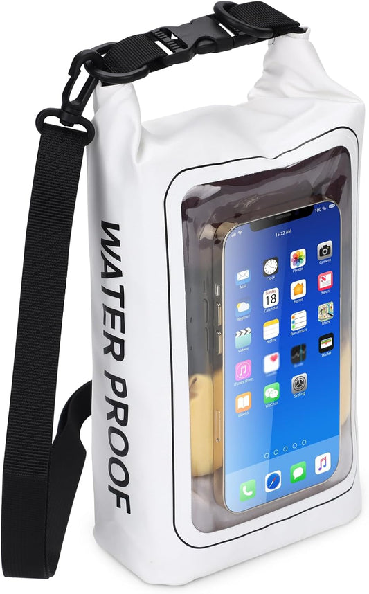IP68 Waterproof Dry Bag, 2L - Roll Top Waterproof Pool Bag，Dry Bags for Kayaking Waterproof-w/Phone Pouch,Large Waterproof Phone Pouch,Boating & Kayak Accessories Camping (White)