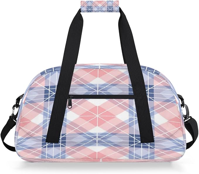 Sports Duffel Bags, Pink Blue Plaid Water-Resistant Gym Duffle Bag for Men Women, Lightweight Weekender Overnight Bag for Fitness, Workout, Travel