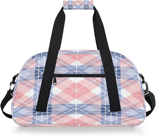 Sports Duffel Bags, Pink Blue Plaid Water-Resistant Gym Duffle Bag for Men Women, Lightweight Weekender Overnight Bag for Fitness, Workout, Travel