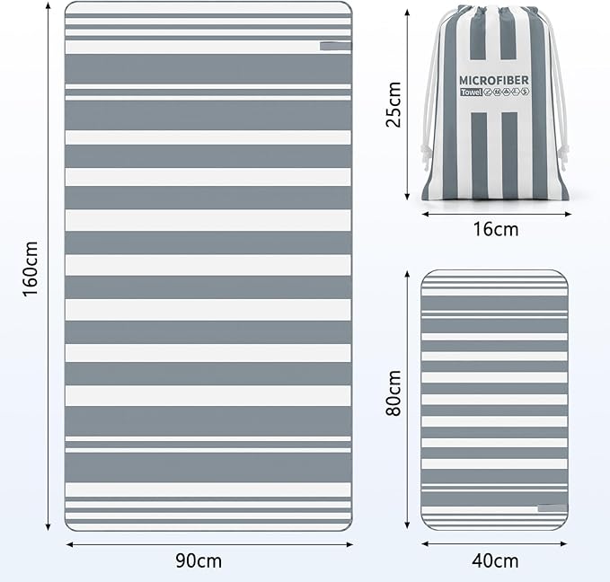 2-Pack Microfiber Beach Towels Set (63"x31.5" + 31.5"x16") | Oversized Quick Dry Sand Free Travel Towel for Beach Pool Gym Camping (Grey Towel A)
