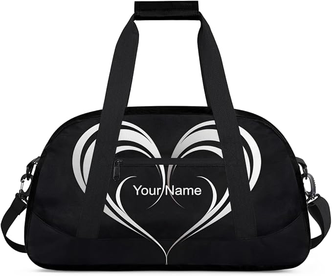 Custom Name Black White Hearts Men & Women Gym Travel Duffle Bag， Personalized Sports Bag for Overnight, Weekender, Carry On，18.9 * 8.7 * 10.6 in