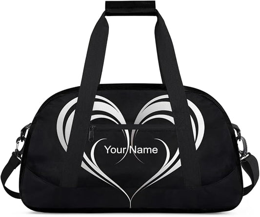 Custom Name Black White Hearts Men & Women Gym Travel Duffle Bag， Personalized Sports Bag for Overnight, Weekender, Carry On，18.9 * 8.7 * 10.6 in