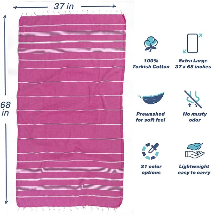 Hencely Turkish Beach Towel 37x68 Oversized, Sand-Free, Quick-Dry, Lightweight - Travel Essential for Pool & Bath - Striped 100% Cotton Bathroom Towels Accessories Gift (Fuchsia)