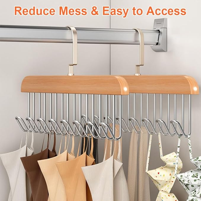 Bra Hangers 3 Pack - with 16 Non-Slip 360Rotating Metal Hooks for Tie, Hat, Bra, Wooden Multi Hook Hanger - Saves Space