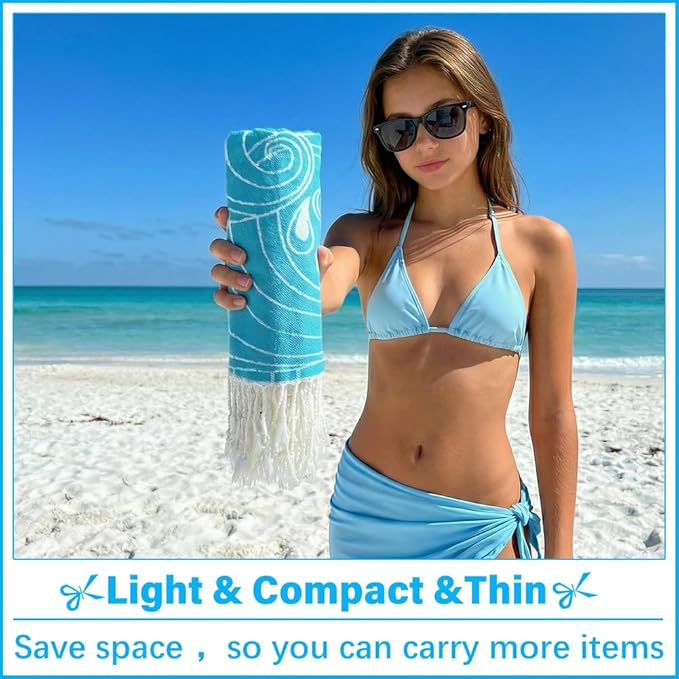 Thin Turkish Beach Towel Lightweight Soft Cotton Extra Large XL Oversized Sand Free Sandproof Absorbent Quick Dry Towels Cloud Bath Pool Travel Compact Essentials Accessories for Adult Gifts