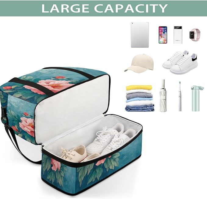 Pink Flowers Green Leaves Large Weekender Bag with Shoe Compartment Travel Duffel Bags for Women Carry On Hospital Overnight Bag Foldable Personal Item Travel Bags Tote Gym Sports Airplanes