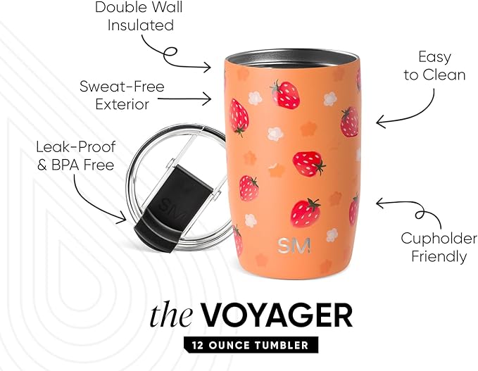 Simple Modern Travel Coffee Mug Tumbler with Flip Lid | Reusable Insulated Stainless Steel Cold Brew Iced Coffee Cup Thermos | Gifts for Women Men Her | Voyager Collection | 12oz | Strawberry Fields