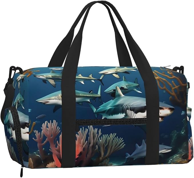 Sharks under the sea Print Gym Bag with Shoe Compartment for Women Men, 17.7in Sports Duffle Weekender Tote, Overnight Travel Duffel Bag Carry On