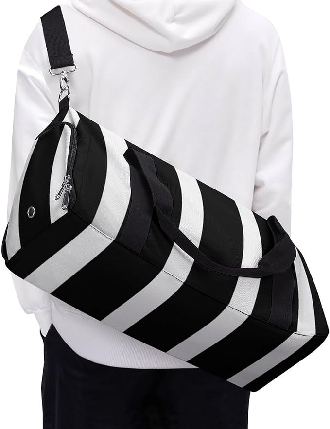 Stripes Black White Gym Bag Lightweight ，Travel Duffle Bag with Shoe Compartment，Gym Bag for Women for Overnight, Weekend, Yoga, Gym, Business Trips, Sport And Hospital.
