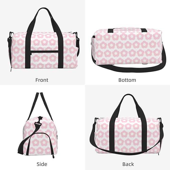 Cute Pink Floral Pattern Retro Women'S Gym Duffle Bag With Shoes Compartment, Ideal For Travel, Gym, Sports, Duffel, Weekender