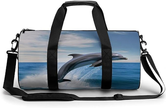 Sports Gym Bag for Women Men Travel Duffel Bag Tote Weekender Bag Jumping Up Dolphins Carry on Overnight Bag for Travel Swimming Fitness Workout Sports Duffle Bag