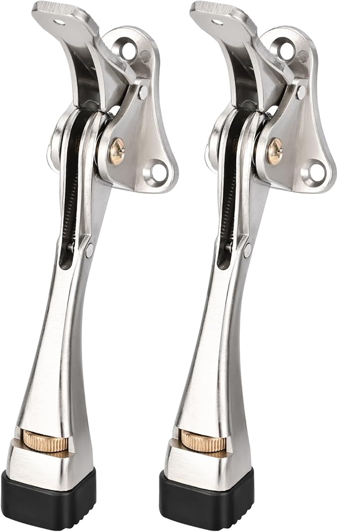 Kickdown Door Stopper 5 Inches - 2 Packs Door Stoppers for Bottom of Door One Touch Adjustable Door Stop，Made of Aluminum Alloy Metal Heavy Duty Door Stops with Rubber Tip Satin Nickel