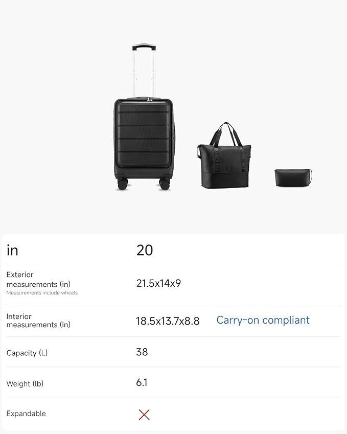 Carry On Luggage 22x14x9 Airline Approved, 20" Hardside Suitcase with Front Pocket for Laptop, Lightweight Spinner Luggage with TSA Lock & Matching Tote Bag (3 Piece Sets, Black)