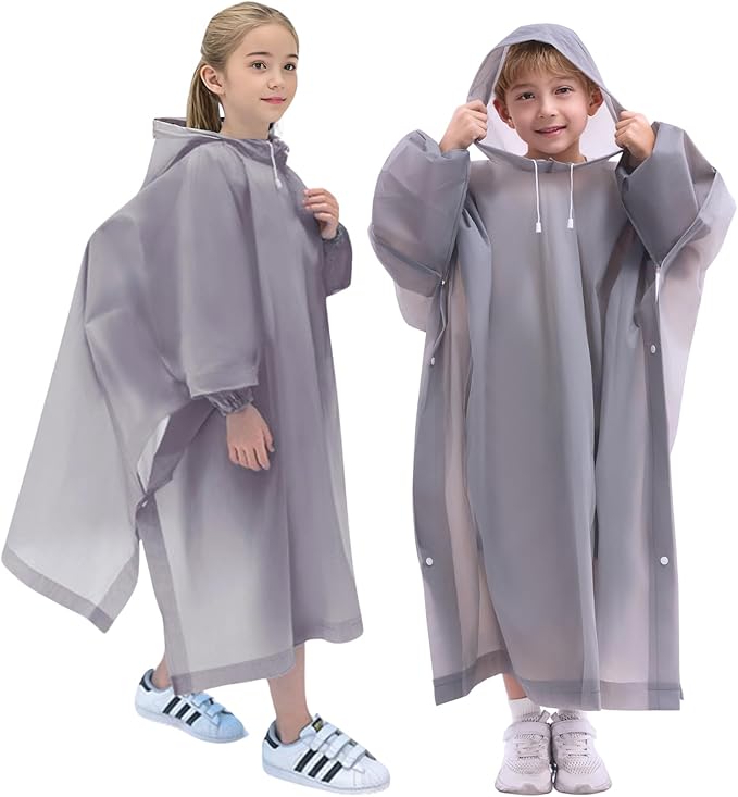DZTSMART Reusable Waterproof Kids Rain Ponchos 2 Packs - 8-14Y, Hood & Sleeves, Park Essentials
