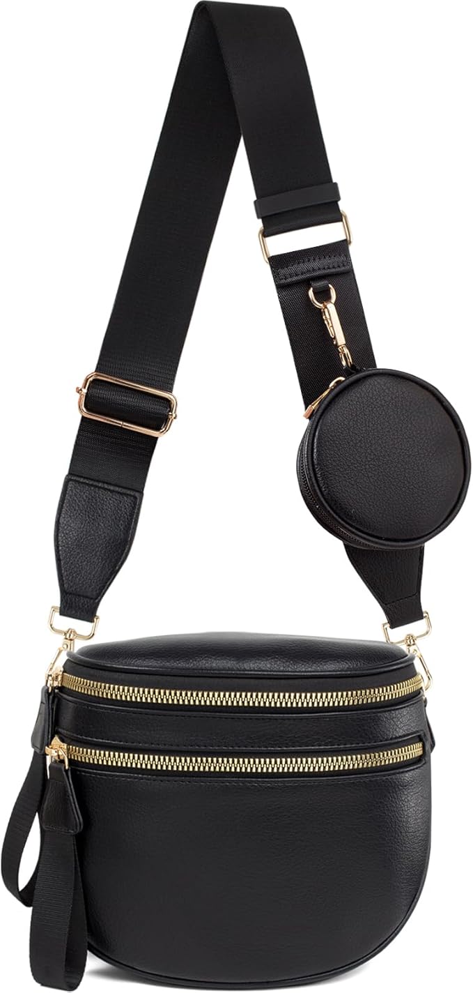Valentoria Fashionable Womens Leather Waist Bag Crossbody Bag Detachable Wallet Adjustable Shoulder Strap (Black)