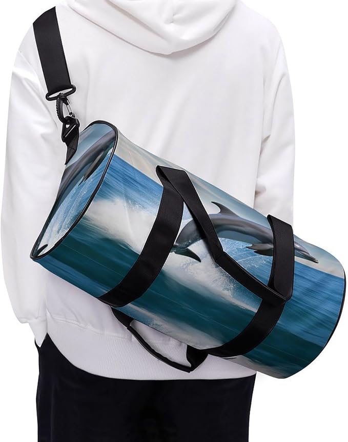 Sports Gym Bag for Women Men Travel Duffel Bag Tote Weekender Bag Jumping Up Dolphins Carry on Overnight Bag for Travel Swimming Fitness Workout Sports Duffle Bag
