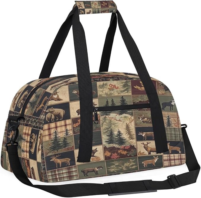Kids Duffle Bag Girls Boys Rustic Hunting Animal Bear Deer Patchwork Weekender Overnight Bag,Lightweight Duffel Bags for Traveling Gym Sport Dance