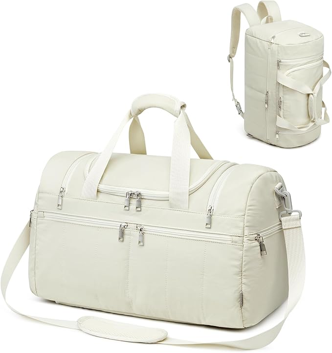 G4Free 45L Travel Duffle Bag for Women Men 3 in 1 Duffel Bags with Shoes Compartment Gym Backpack for Weekender Overnight, Beige