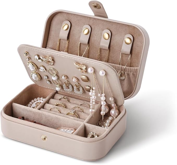 Jewelry Travel Case, Portable Travel Jewelry Box for Women, PU Leather, Snap Closure, Jewelry Holder Organizer Travel Essentials, Light Taupe