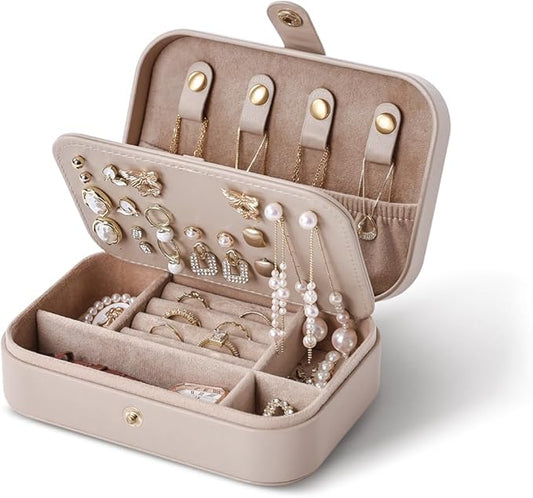 Jewelry Travel Case, Portable Travel Jewelry Box for Women, PU Leather, Snap Closure, Jewelry Holder Organizer Travel Essentials, Light Taupe