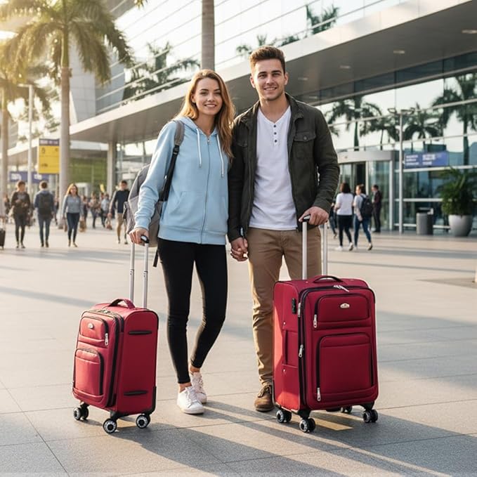 Softside Luggage Sets 2 Piece,Expandable 15% Lightweight Durable Suitcase Sets Double Spinner Wheels w/Combination LOCK （Red,20in/26in）