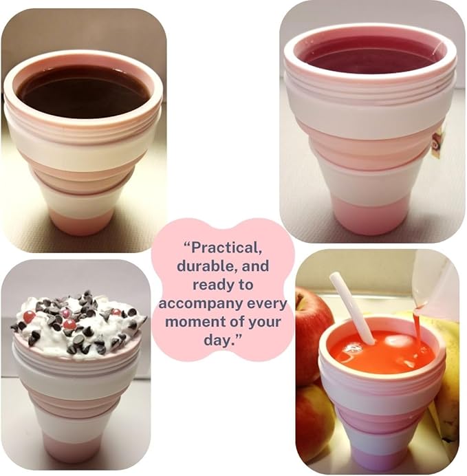 Collapsible Silicone Cup 12 oz – BPA Free Reusable Travel Cup with Lid & Straw – Foldable Pocket Size for Hot & Cold Drinks – Camping, Hiking, Office, Outdoor (Pink & White)