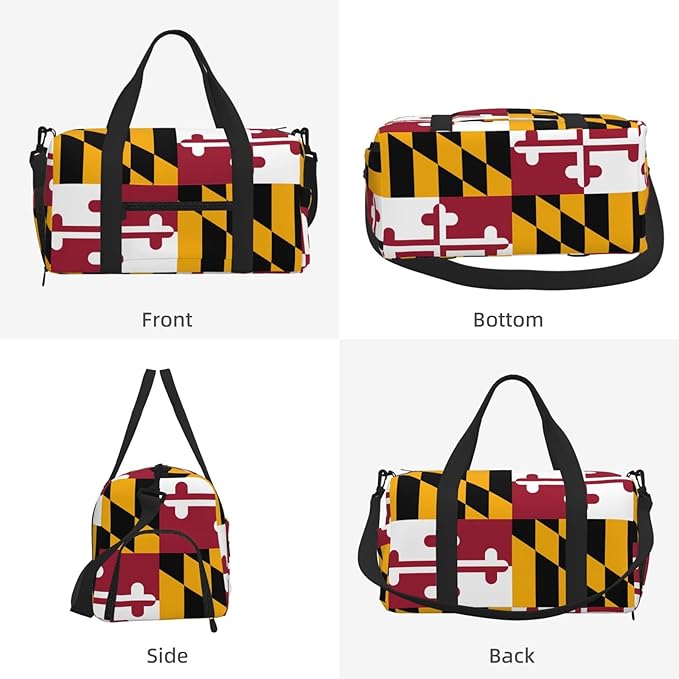 Maryland State Flag Print Gym Bag with Shoe Compartment for Women Men, 17.7in Sports Duffle Weekender Tote, Overnight Travel Duffel Bag Carry On