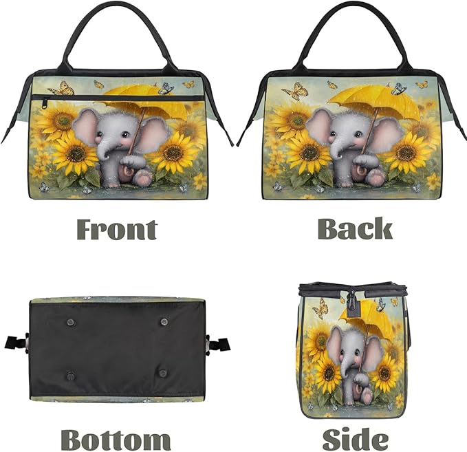 Cute Elephant Umbrella Sunflower Overnight Weekender Bags for Women Men, Waterproof Travel Carry On Duffel Bag, Lightweight Sports Gym Bag for Fitness, Workout, Travel