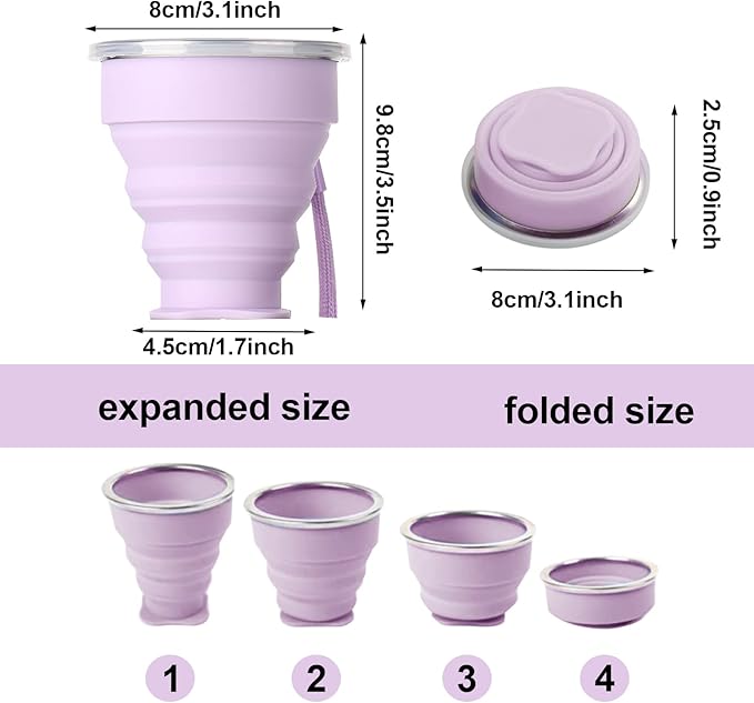 Silicone Collapsible Travel Water Cup 200ml, 6Pack Collapsible Silicone Cup with Lid, Expandable Drinking Cup Set, Reusable Mug for Camping, Hiking, Travel