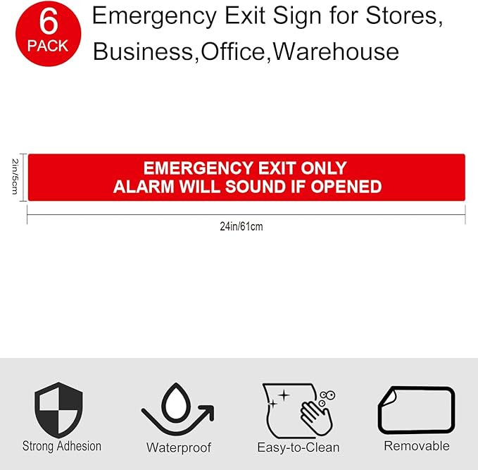 6 Pack Emergency Exit Only Alarm Will Sound If Door Is Opened Sign Sticker, Warning Safety Sign Waterproof Vinyl Label for Restaurant, Factory, Warehouse, Laboratory, Shopping Mall(24"x2")