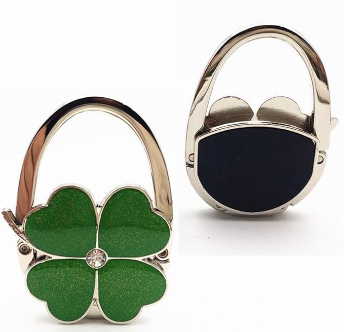 Four Leaf Clover Design Foldable Handbag Hanger Folding Purse Table Hook Holder, with Velvet Pouch(Green)