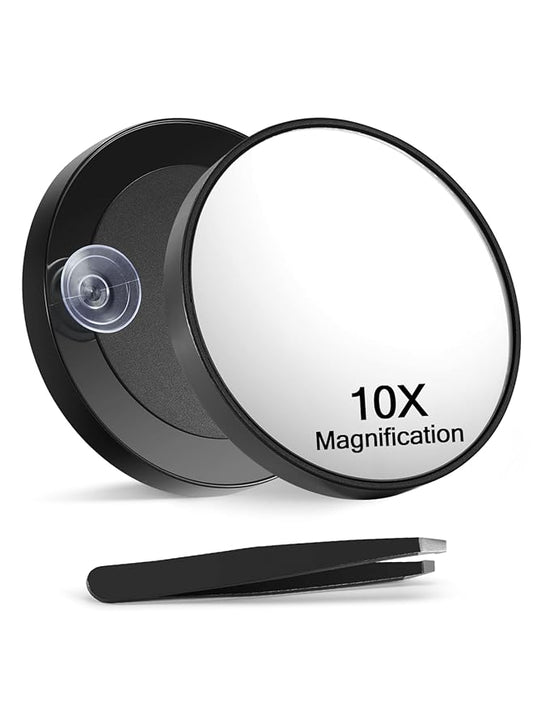 10X Magnifying Mirror with 2 Suction Cups, 3.5 inches Magnified Makeup Mirror and Slant Tweezers,Black,1PC