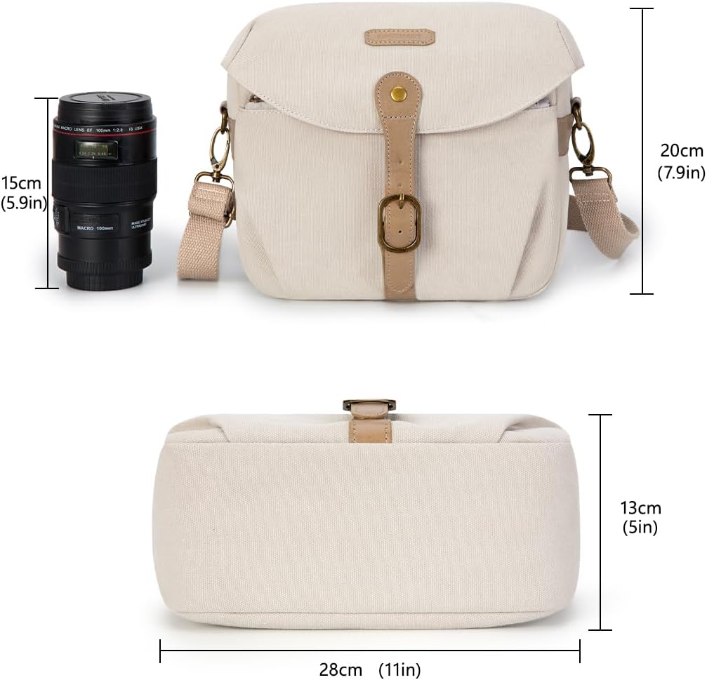 BAGSMART Camera Bag, SLR DSLR Canvas Crossbody Camera Case, Compact Camera Shoulder Bag with Rain Cover for Women and Men, Ivory White