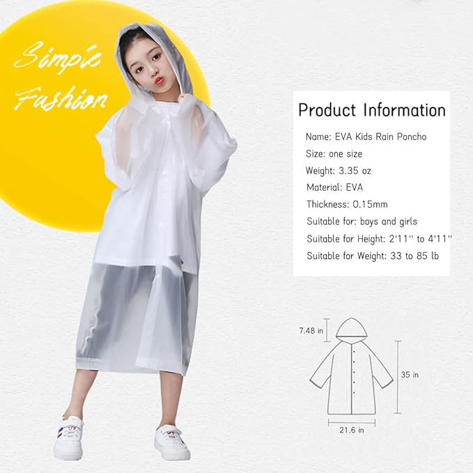 Kids Rain Poncho, Reusable EVA Children Raincoat for 6-13 Girls Boys, Waterproof Rain Jackets Rainwear with Hood