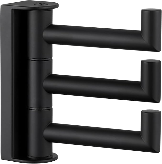 APLusee Swivel Towel Hook, 304 Stainless Steel Foldable Clothes Hook with Multi Three Rotating Arm, Flexible Bathroom Kitchen Storage Hanger Wall Mounted, Matte Black