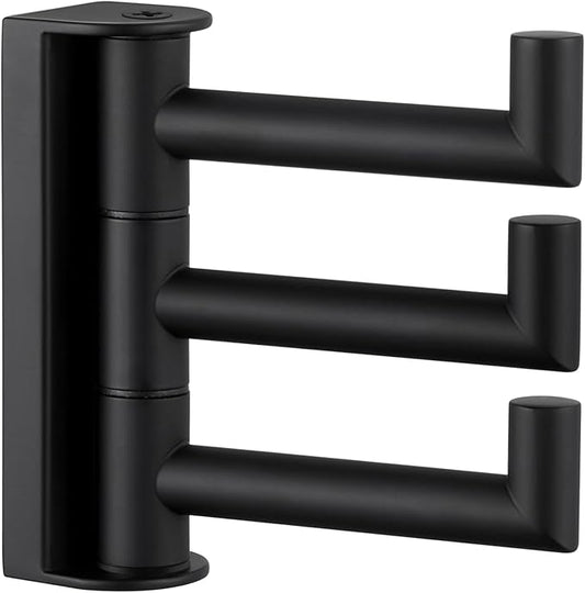 APLusee Swivel Towel Hook, 304 Stainless Steel Foldable Clothes Hook with Multi Three Rotating Arm, Flexible Bathroom Kitchen Storage Hanger Wall Mounted, Matte Black